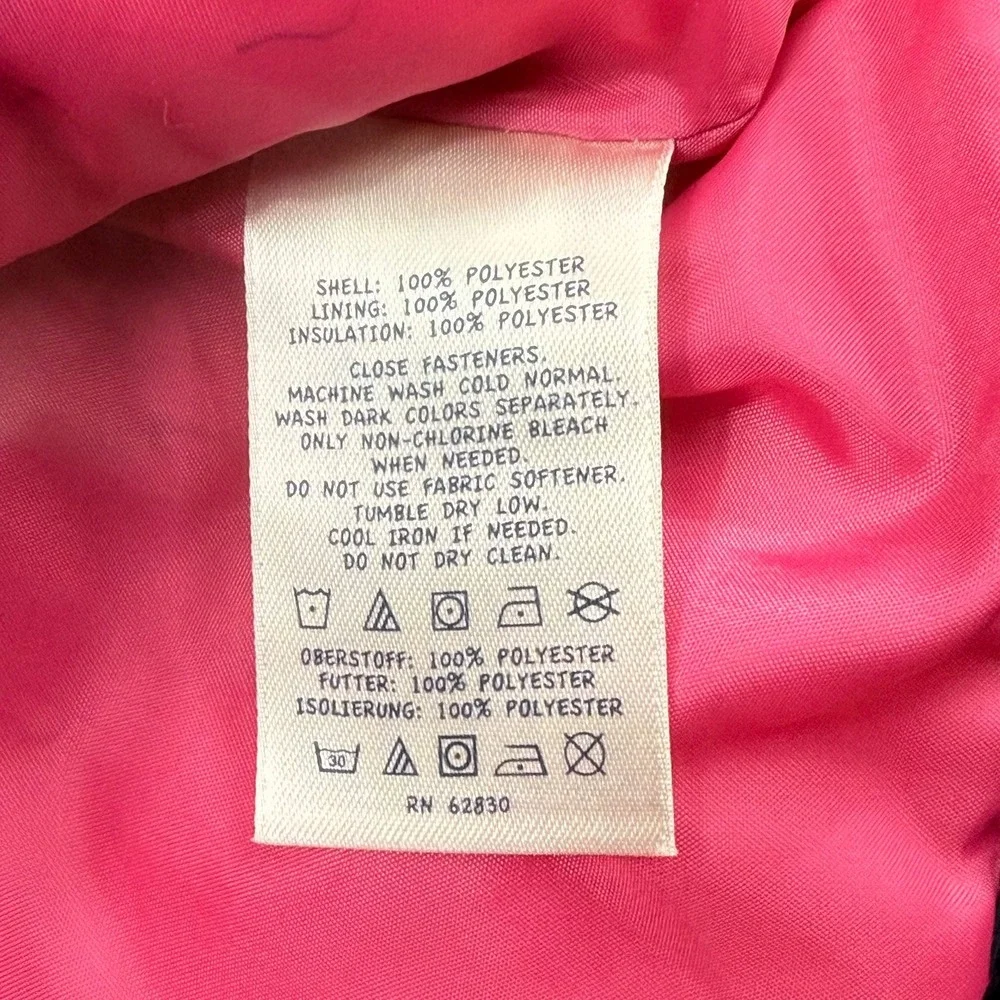 Lands End Kids Puffer Vest Navy Pink White Heart Print Size S 4 Full Zip Padded